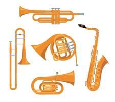conjunto de instrumentos musicales clásicos de viento aislados sobre fondo blanco. iconos de trompeta dorada, tuba, saxofón, trombón y cuerno francés. ilustración vectorial en estilo plano o de dibujos animados. vector