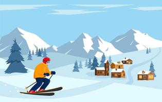 Skier in the snow mountains. Winter landscape. vector