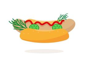 Hotdog with sausage, cucumber and ketchup. vector