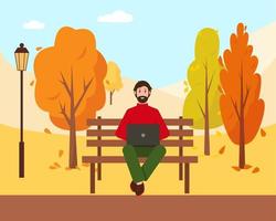 Man with laptop sitting on the bench in park. vector