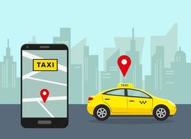 Taxi in city and smartphone with mobile app. vector