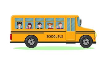 autobús escolar amarillo con alumnos sonrientes. vector