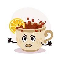 Vector white tea cup with hot drink. Tea with lemon piece. Angry cartoon character with print on surface