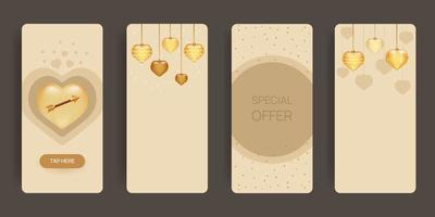 pancartas verticales del día de san valentín con corazones dorados y flechas dentro. conjunto de diseño de plantilla web vector