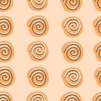 Cinnamon bun seamless pattern. Sweet roll with sugar glaze and chocolate on beige background. Top view. vector