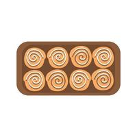 Cinnamon bun. Sweet roll with sugar glaze and chocolate on dish, isolated on white background. Top view. vector