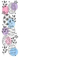 Easter eggs, branch and flower vertical border. Holiday card on white background. Vector illustration