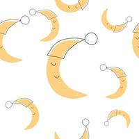 Cute sky pattern. Seamless vector design with smiling, sleeping moon. Pattern for prints, posters, wrapping paper, backgrounds, wallpaper, scrapbooking, textile, kids fashion, stationary. Hand drawn.