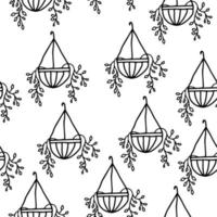 Seamless pattern of house plants in hanging pots. Vector illustration, doodle. Hand drawn.