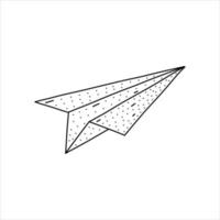 icono de avión de papel dibujado a mano en estilo de fideos. icono de vector de avión de papel de dibujos animados para diseño web aislado sobre fondo blanco.