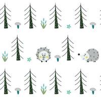 Seamless pattern with hedgehogs, trees, flowers and so on. Cute childish vector illustration.