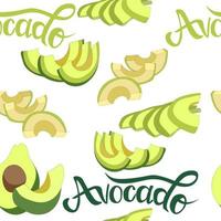 Seamless vegetable pattern of ripe avocado, slices and pieces, hand-drawn. Bright inscription, AVOCADO lettering. Printing on fabrics, labels, diary covers and other surfaces. vector illustration