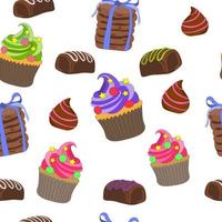 Seamless sweet pattern of muffins with bright whipped cream, candy truffles and bars, cookies tied with ribbon, hand-drawn. Printing on fabrics, labels, diary covers and other. vector illustration