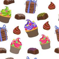 Seamless sweet pattern of muffins with bright whipped cream, candy truffles and bars, cookies tied with ribbon, hand-drawn. Printing on fabrics, labels, diary covers and other. vector illustration