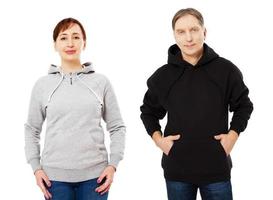 Beautiful couple in sweatshirt hoodie mock up isolated, gray and black hoodie hoody mockup blank screen photo