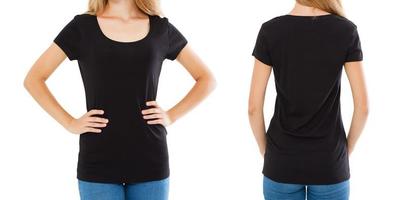 collage empty t-shirt, woman in blank t shirt - front back views, black tshirt photo