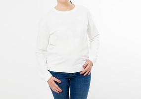 White long sleeve t-shirt on smile middle aged woman in jeans isolated, front , mockup cropped image photo