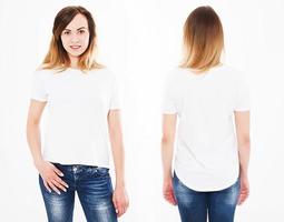 Front and back views of young sexy woman in stylish tshirt on white background. Mock up for design. Copy space. Template. Blank photo