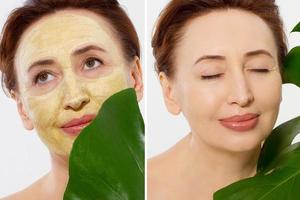 Middle age closeup woman face before after beauty mask treatment. Before-after wrinkled skin. Summer anti aging collagen mask on woman wrinkle face isolated. Mid aged facial skincare. Menopause period photo