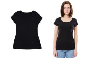 Woman black t-shirt mock up t shirt empty close up isolated on white background photo