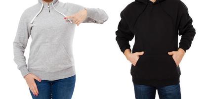 maqueta de sudadera con capucha gris, maqueta de sudadera con capucha negra, sudadera con capucha de hombre mujer vacía sobre fondo blanco. foto