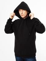 man in a black sweatshirt with a hood on his head is isolated on a white background photo