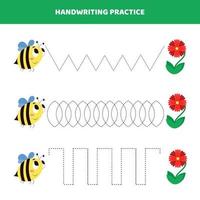 práctica de escritura a mano para niños con dibujos animados de abejas y flores. vector