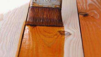 A man paints freshly planed wooden board with a brush on the window background on the workshop. Slow accurate professional wood craftsman work with by hand in the light of a sunny day. Close-up video