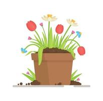 A vase with tulips. Vector illustration of sprouts and seeds. The gardener's work in the vegetable garden.