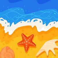 Vector cartoon style sea shore background with colorful seashells. Nice sunny day.