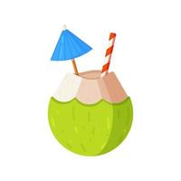 Cocktail in a coconut with a straw and an umbrella. Vector illustration of a fresh coconut.