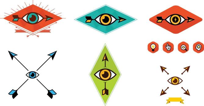 Set of logos for the company. Vector image isolated on white background. Logo of the eye and arrow. Different variants of arrows and eyes. Corporate style of the company. Icons and signs.