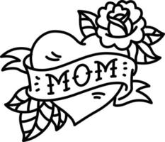 A tattoo with the inscription of Mom. A heart and flower tattoo with a flower. Tattoo in the style of the American old school. Vector flat tattoo. The illustration is isolated on a white background.
