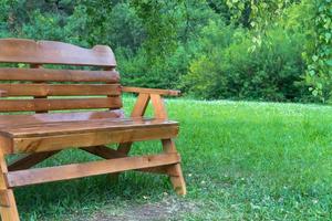 banco de madera en el parque sobre la hierba foto