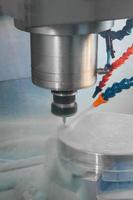 closeup lathe machine and coolant during processing photo