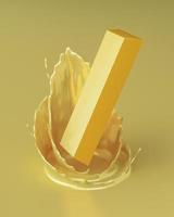 The bullion fell in the middle of the splashing gold liquid. 3d rendering photo