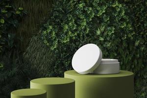 abstract white skin care cream jar on the green podium in front of green wall, mockup for natural skin care product presentation. 3d rendering