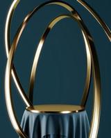 Blue podium and gold top table, floating golden ring. abstract background for product presentation or ads. 3d rendering photo