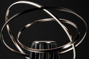 Black podium and nickel top table, floating nickel ring. abstract background for product presentation or ads. 3d rendering photo