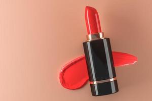 the red lipstick black base and red cream lipstick on beige backdrop, minimal cosmetic background for ads branding or presentation. 3d rendering photo