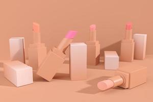many beige lipstick random color texture in beige backdrop, minimal background for ads branding or presentation. 3d rendering photo