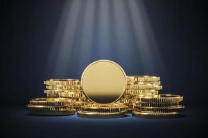 Mockup golden coin pile and lighting spot, mockup background for financial presentation. 3d rendering photo