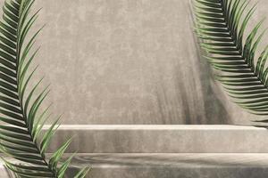 Minimalist mockup background for product presentation, light brown cement step and wall, sunlight and palm leaf shade. 3d rendering photo
