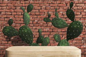 The wooden platform for product presentation, Cactus and red brick wall background. 3d rendering photo