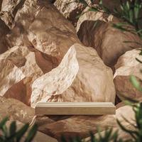 Wooden plank on beige rock on rocks background, blur plant foreground, abstract background for branding or presentation. 3d rendering photo