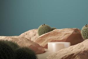 Beige shiny cylindrical platform on rocks cactus and sand scene, blue foreground, abstract background for branding or presentation. 3d rendering photo