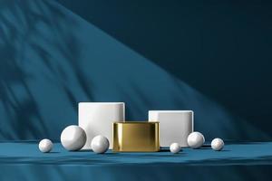 Gold podium among on many white objects, blue platform and plants shade on background, abstract background for product presentation or ads. 3d rendering photo