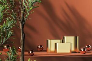 Three gold podiums and red shiny balls on orange platform, green plants foreground and plants shade background, abstract background for product presentation or advertising. 3d rendering photo