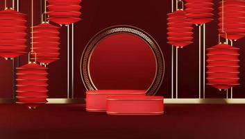 Two red platform on red mockup chinese style, red lanterns hanging around.abstract background for product presentation or ads. 3d rendering photo