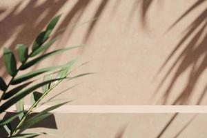 Beige platform and blur tropical plants foreground, Sunshade shadow on wall. abstract background for product presentation or ads. 3d rendering photo